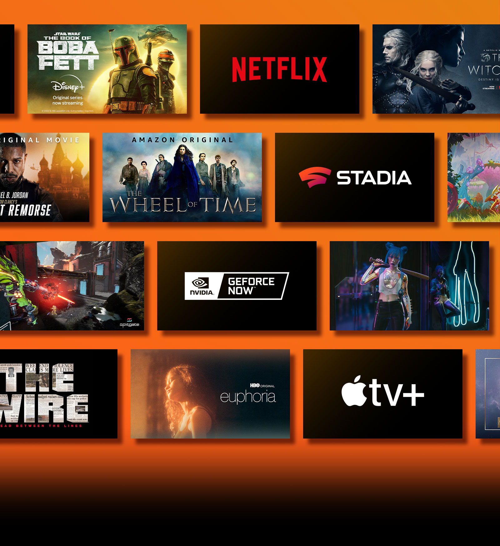 Lângă fiecare siglă sunt prezentate siglele platformele cu servicii de redare în flux și materiale video corespondente. Sigla Netflix și Fabrica de bani și Witcher. Sigla Disney și Boba Fett. Sigla Stadia și Journey to the Savage Planet și The Legend of Heroes: Trails of Cold Steel III. Sunt prezentate sigla Prime Video și Without Remorse și Wheel of Time. Sigla Livenow și imaginea cu teaser-ul pentru mamamoo și imaginea cu teaser-ul pentru OneUs. Sigla NVIDIA Geforce Now și imagini din jocurile Cyberpunk 2077 și Splitgate. Sigla HBO Max și The Wire și Euphoria. Sigla Apple TV plus și Foundation și Finch. 