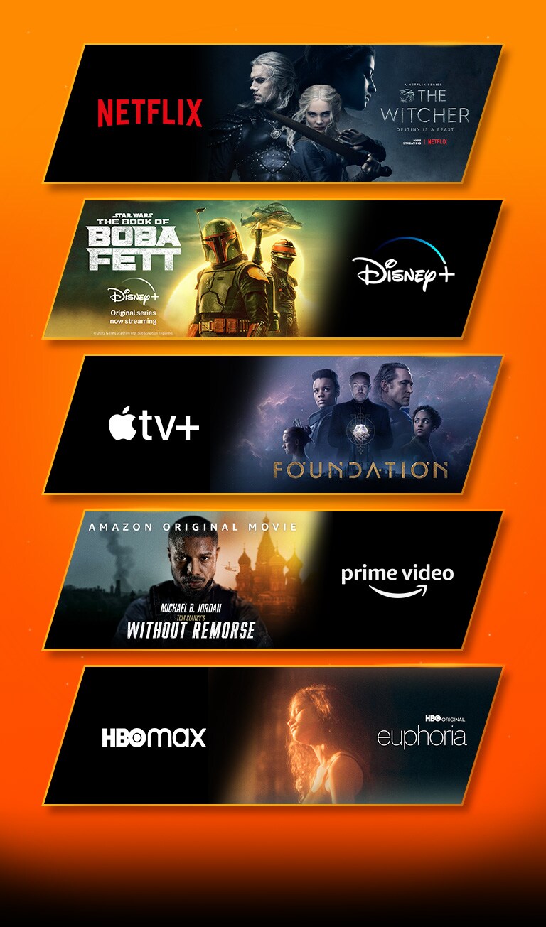 Sunt prezentate 5 blocuri de imagine – fiecare cu sigla platformei de redare în flux și imaginea conținutului video. Sigla Netflix cu Witcher, sigla Disney plus cu Boba fett, sigla Apple TV plus cu Foundation, sigla prime video cu Without Remorse și sigla HBO max cu Euphoria.