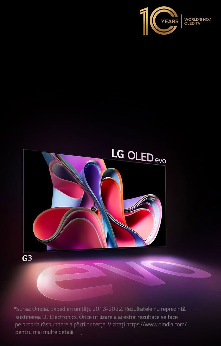 O imagine cu LG OLED G3 pe un fundal negru prezintă o ilustrație abstractă din roșu strălucitor și mov. Ecranul proiectează o umbră color care prezintă cuvântul „evo”. Emblema „Televizorul OLED nr. 1 în lume timp de 10 ani” se află în colțul din stânga sus a imaginii. 