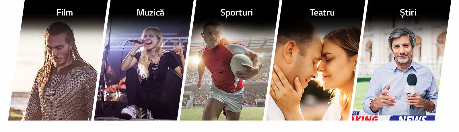 Cinci inserturi verticale pentru Film, Muzică, Sport, Teatru și Știri