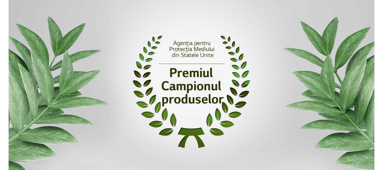 O cunună verde de lauri se află în jurul textului cu premiul pentru campionul produselor de la EPA. Pe ambele părți ale imaginii sunt așezate frunze verzi.