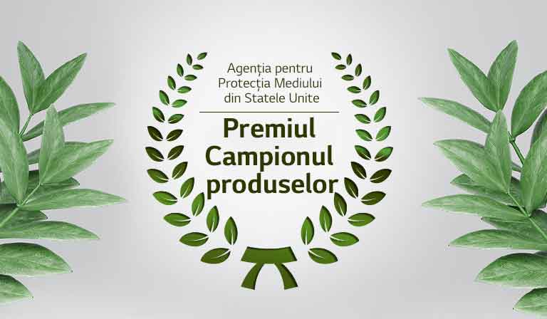 O cunună verde de lauri se află în jurul textului cu premiul pentru campionul produselor de la EPA. Pe ambele părți ale imaginii sunt așezate frunze verzi.