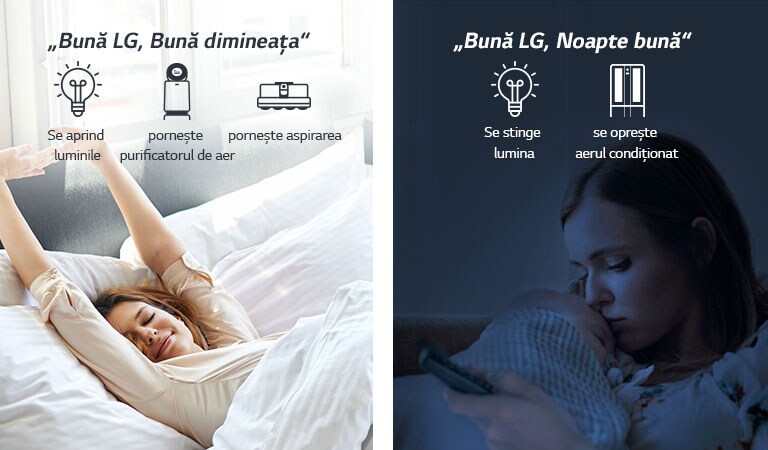 O femeie în pat trezindu-se dimineața (în stânga) și cu un bebeluș noaptea (în dreapta)