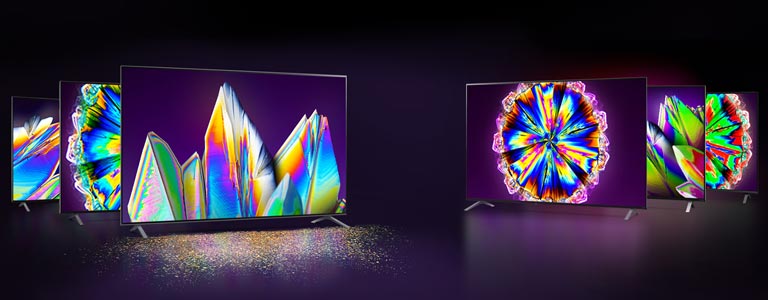 Televizoarele LG NanoCell NANO99, NANO97, NANO95, NANO90, NANO85, NANO80 sunt toate așezate într-un spațiu.