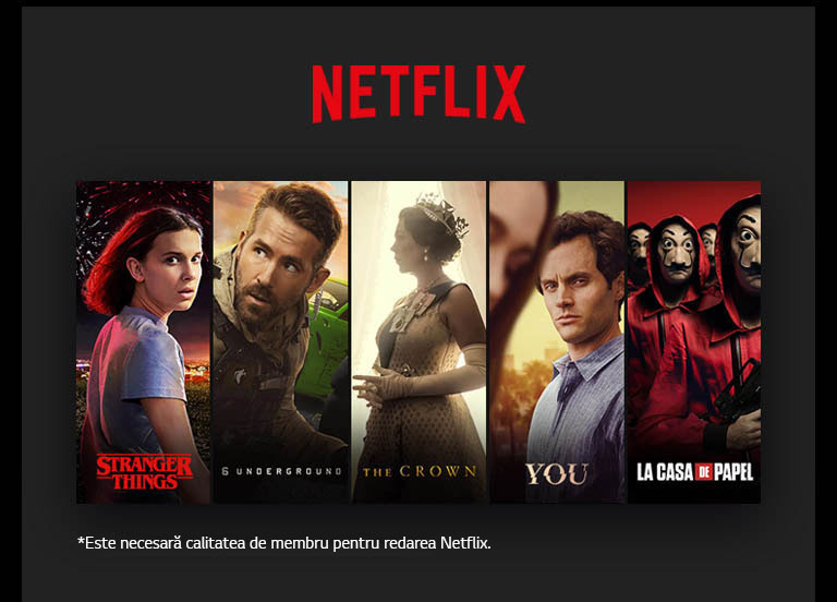 Sigla NETFLIX urmată de patru inserturi verticale de titlu pentru Stanger Things, 6 Underground, The Crown, You și La Casa De Papel