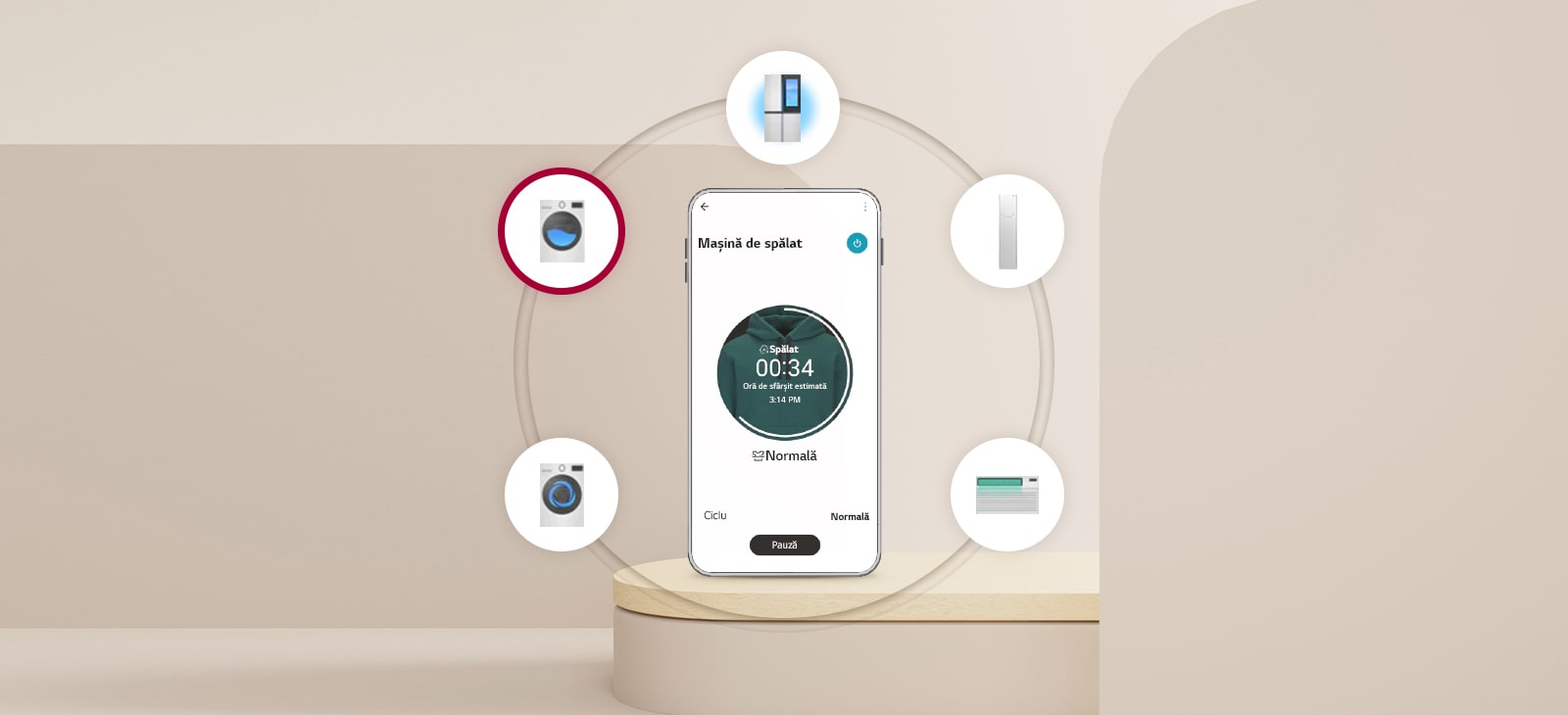 Pe podea se află un telefon mobil pe fundal bej și există o imagine cu electrocasnice în șase cicluri complete cu telefonul mobil în centru