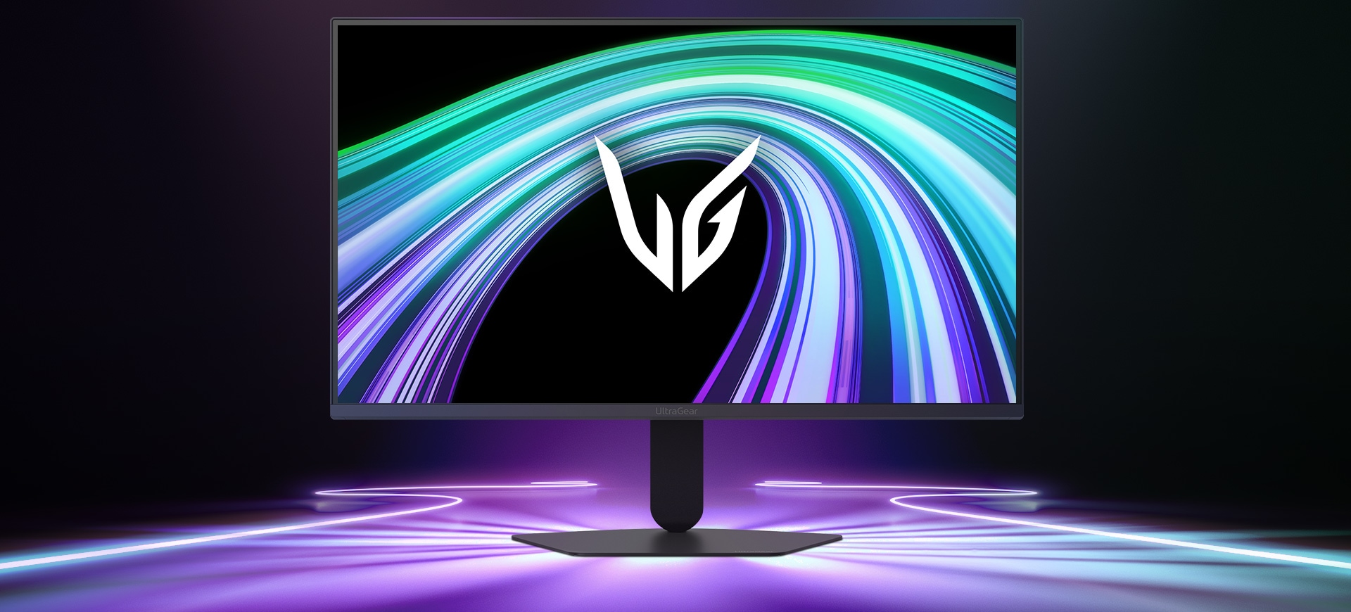 Imagine frontală a monitorului pentru gaming UltraGear™ 27G523B într-o cameră futuristă, iluminată cu neon.
