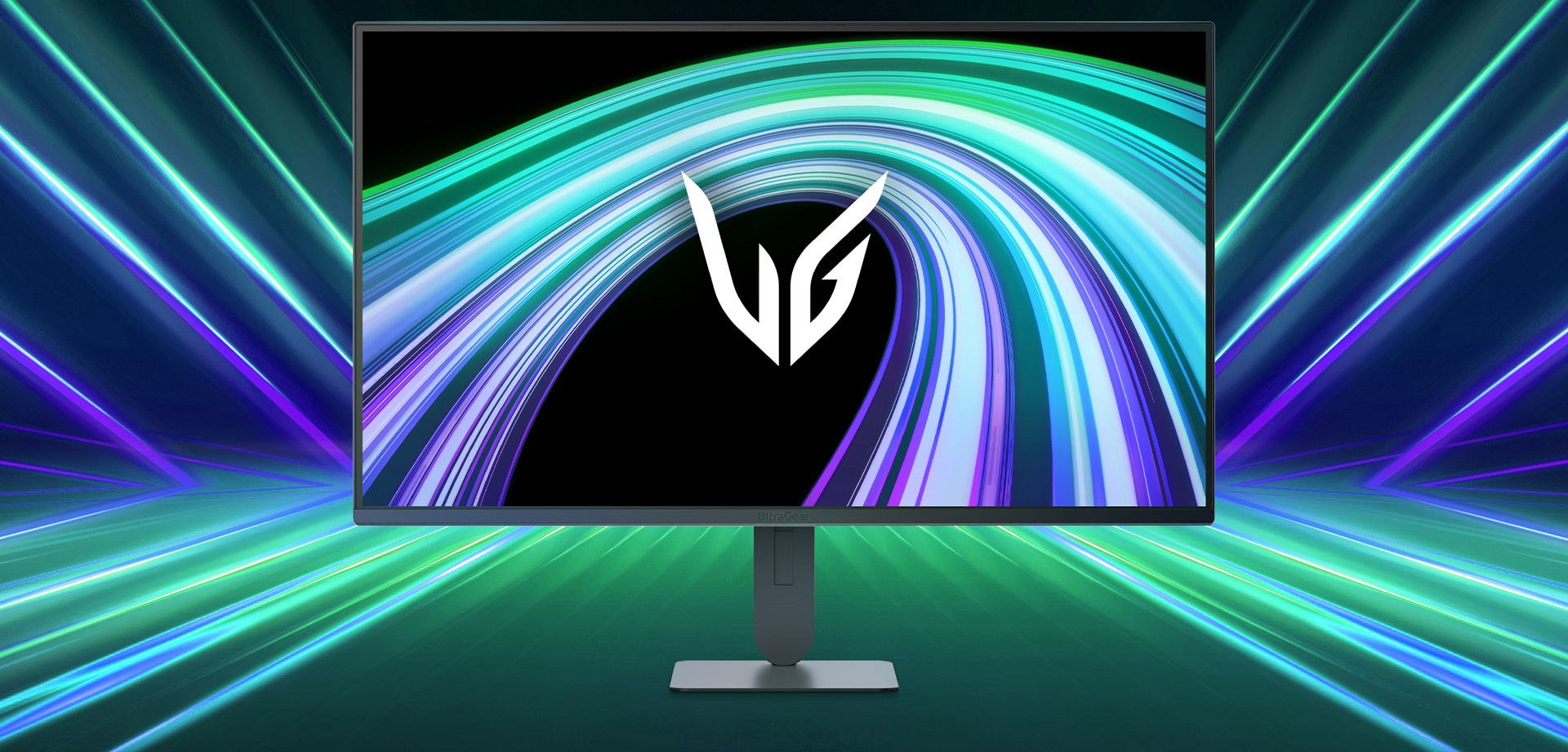 Imagine frontală a monitorului pentru gaming UltraGear™ 27G414B într-o cameră futuristă, iluminată cu neon.