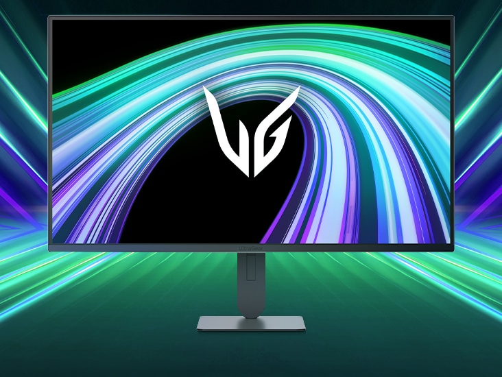 Imagine frontală a monitorului pentru gaming UltraGear™ 27G414B într-o cameră futuristă, iluminată cu neon.