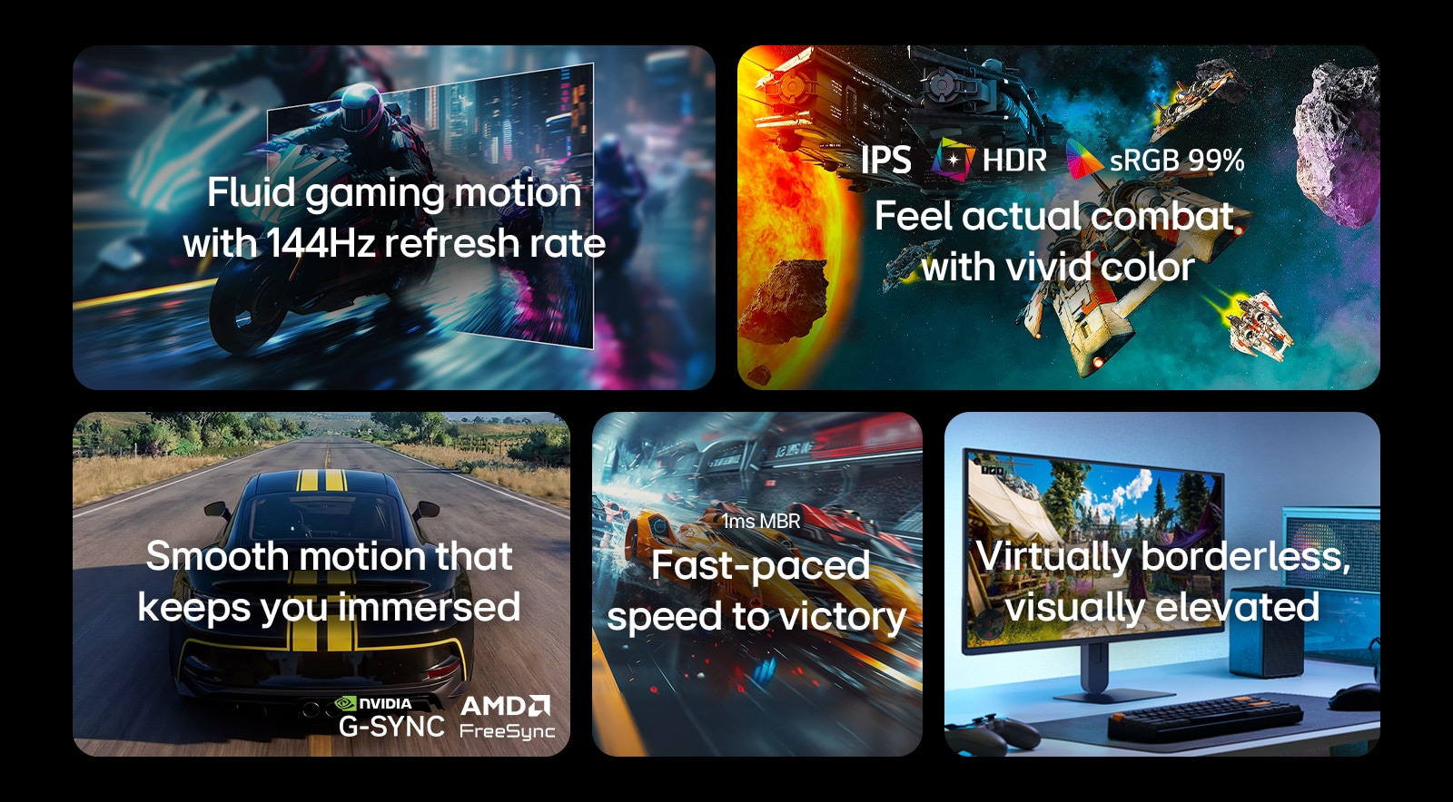 Această imagine prezintă caracteristicile cheie ale unui monitor de gaming LG, inclusiv o rată de reîmprospătare de 144Hz pentru o mișcare fluidă, ecran IPS cu HDR și culori sRGB 99% pentru imagini vii, gameplay fluid cu suport NVIDIA G-SYNC și AMD FreeSync, timp de răspuns de 1ms MBR pentru jocuri cu ritm rapid și un design practic fără margini pentru o configurație captivantă.