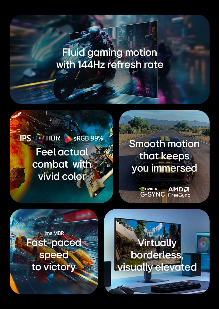 Această imagine prezintă caracteristicile cheie ale unui monitor de gaming LG, inclusiv o rată de reîmprospătare de 144Hz pentru o mișcare fluidă, ecran IPS cu HDR și culori sRGB 99% pentru imagini vii, gameplay fluid cu suport NVIDIA G-SYNC și AMD FreeSync, timp de răspuns de 1ms MBR pentru jocuri cu ritm rapid și un design practic fără margini pentru o configurație captivantă.