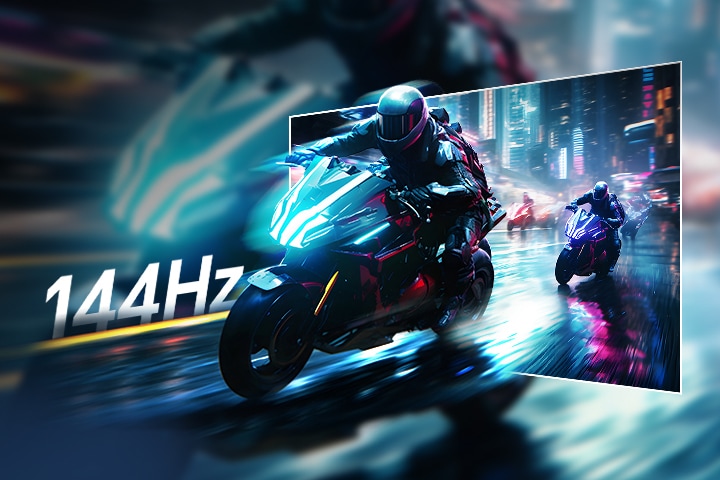 Scenă de curse de motociclete ilustrând rata de reîmprospătare de 144Hz a modelului UltraGear™ 27G414B pentru o mișcare de gaming fluidă, de o claritate de cristal.