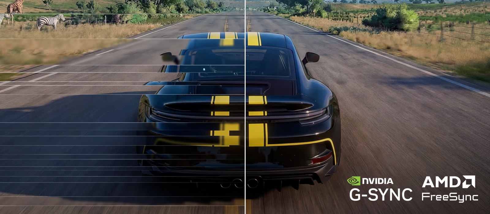 Scenă de curse afișată pe monitorul UltraGear™ 27G414B comparând modurile Dezactivat și Activat, ilustrând o mișcare mai fluidă și o rupere redusă cu suport pentru NVIDIA G-SYNC și AMD FreeSync.