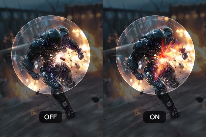 Comparație a gameplay-ului cu Dynamic Action Sync dezactivat și activat, evidențiind întârzierea redusă pe monitorul UltraGear™ 27G414B.