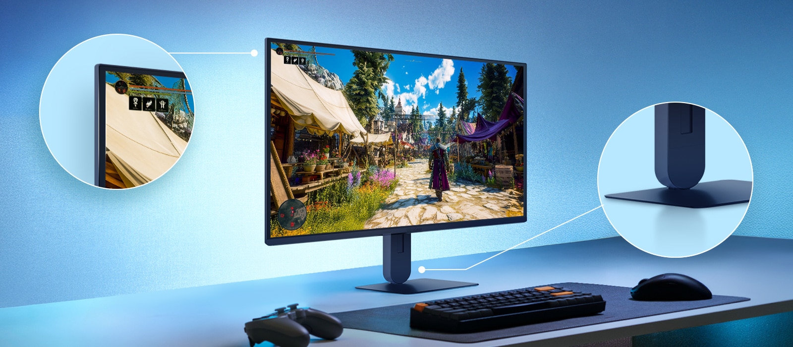 Această imagine prezintă un monitor pentru gaming UltraGear™ pe un birou, afișând o scenă de joc, cu evidențieri mărite care subliniază designul ecranului fără margini și un suport elegant cu aspect plutitor.