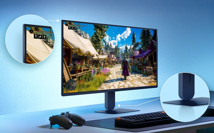 Această imagine prezintă un monitor pentru gaming UltraGear™ pe un birou, afișând o scenă de joc, cu evidențieri mărite care subliniază designul ecranului fără margini și un suport elegant cu aspect plutitor.