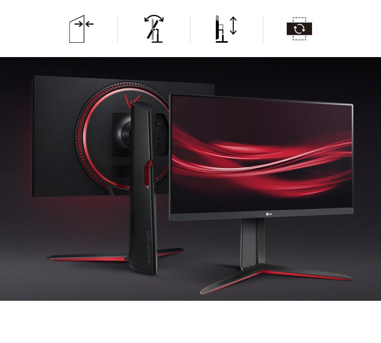 Monitor cu design elegant și practic fără margini, cu posibilitate de reglare a înălțimii, înclinării și pivotării suportului.