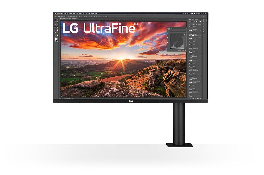 LG Monitor IPS UHD 4K Ergo de 31.5'' cu USB Type-C™, Vedere frontală cu brațul monitorului în partea dreaptă, 32UN880-B