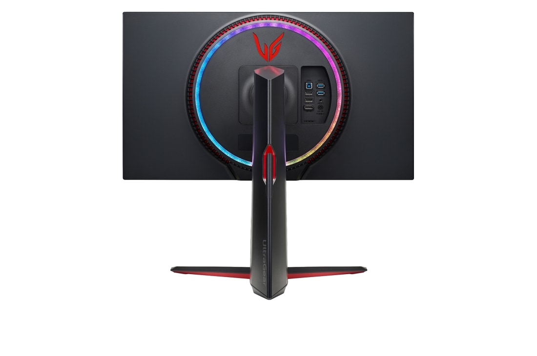 LG Monitor pentru jocuri UHD 4K UltraGear™ Nano IPS 1ms (GtG), 27'', care suportă 4K și 120 Hz prin HDMI 2.1, vedere posterioară cu lumini multicolore aprinse, 27GP950-B, thumbnail 7