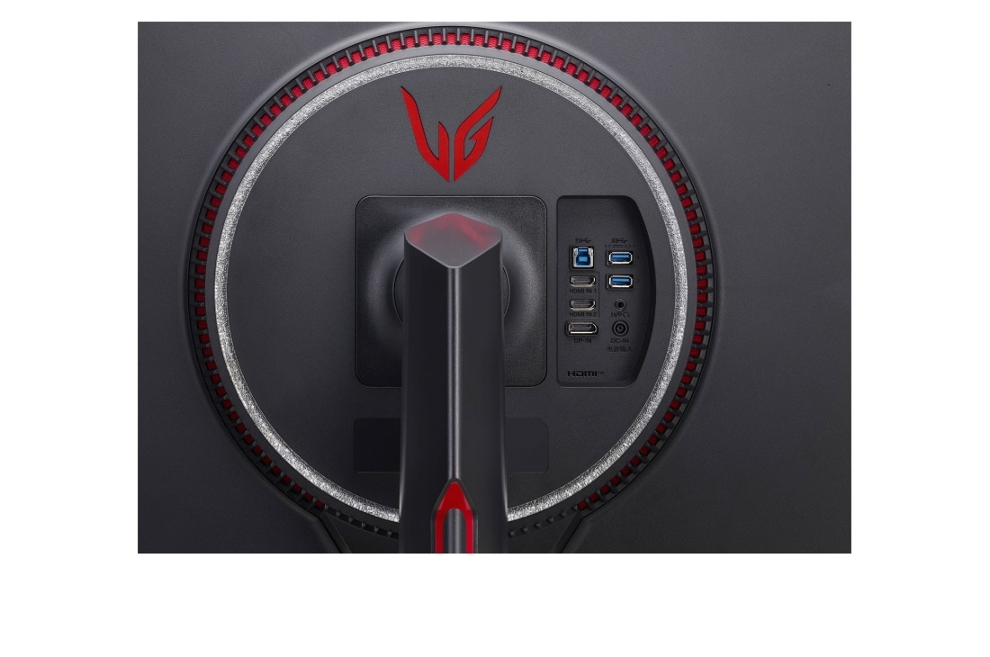 LG Monitor pentru jocuri UHD 4K UltraGear™ Nano IPS 1ms (GtG), 27'', care suportă 4K și 120 Hz prin HDMI 2.1, vedere prim-plan a porturilor cu lumini albe aprinse, 27GP950-B, thumbnail 10