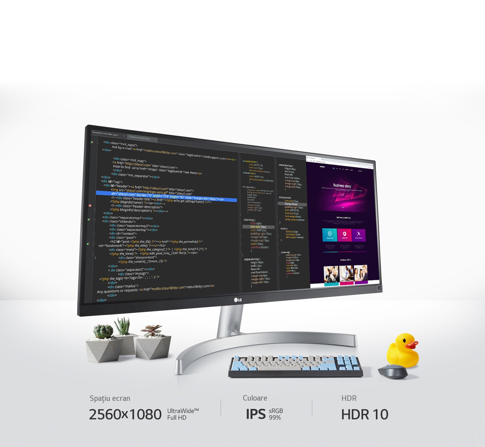 Având la dispoziție ecranul  UltraWide™ Full HD 2560x1080, IPS, sRGB 99% și HDR 10, poți vedea mai multe ferestre și lucrezi mai bine