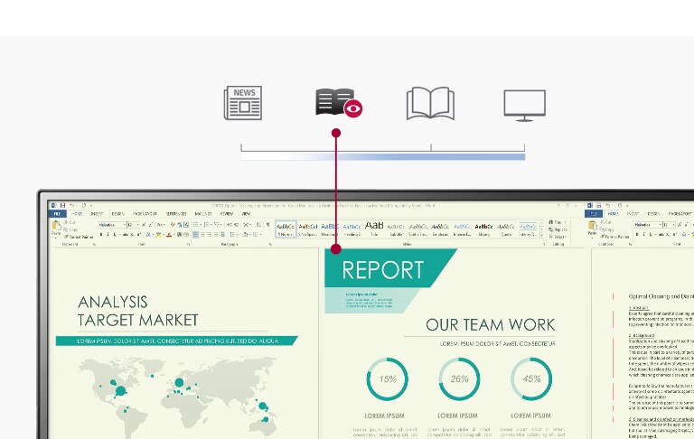 Raport de lucru afișat pe monitor care emite o lumină albastră redusă, cu o temperatură de culoare similară cu cea a hârtiei, în comparație cu modul convențional