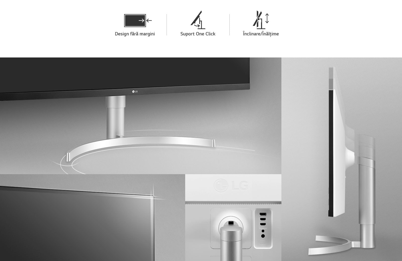 Design ergonomic: Design practic fără margini/ Suport One Click/ Înclinare/ Înălțime