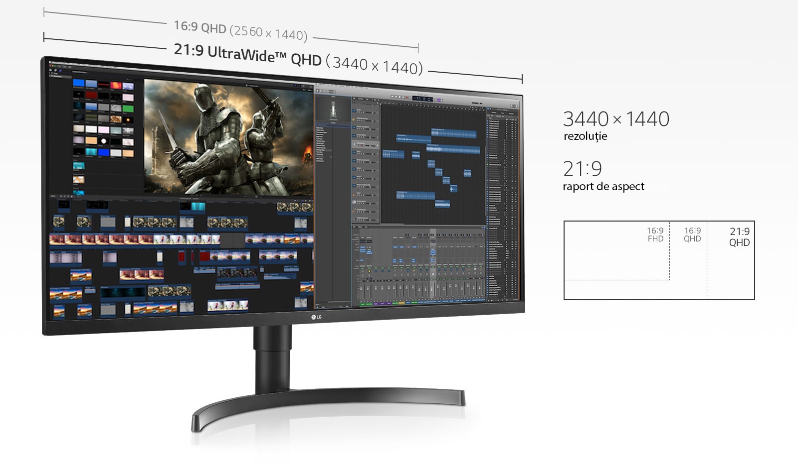 Ecranul 21:9 QHD (3440x1440) oferă un ecran de 2,4 ori mai lat decât ecranele 16:9 Full HD (1920x1080), asigurând în același timp cu 880 px mai mult decât 16:9 QHD (2560x1440).