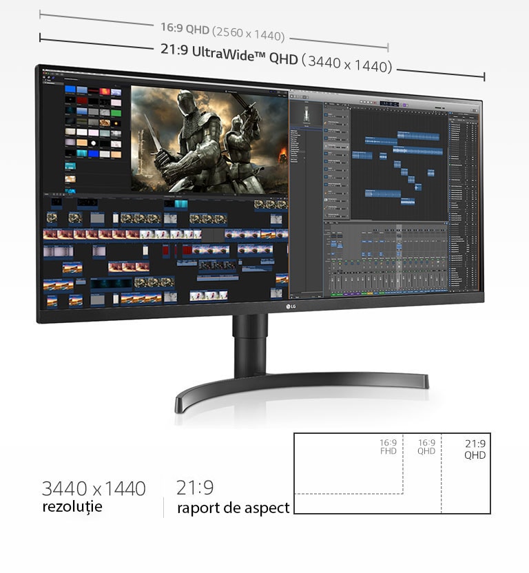 Ecranul 21:9 QHD (3440x1440) oferă un ecran de 2,4 ori mai lat decât ecranele 16:9 Full HD (1920x1080), asigurând în același timp cu 880 px mai mult decât 16:9 QHD (2560x1440).