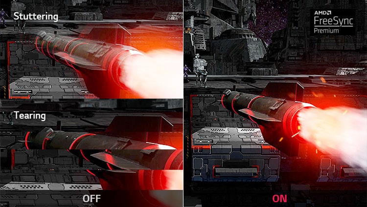 O rachetă care se învârte zboară spre ținte cu mare viteză într-un joc FPS, iar mișcarea rapidă de rotație a rachetei capturată prin mărire la o vedere mai mare se desfășoară fără probleme cu modul G-sync activat, în comparație cu o altă scenă cu modul G-sync dezactivat.