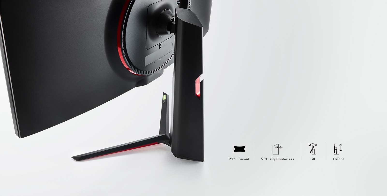 monitor cu design elegant, cu ecran curbat 21:9, model practic fără margini și suport cu înclinație și înălțime reglabile