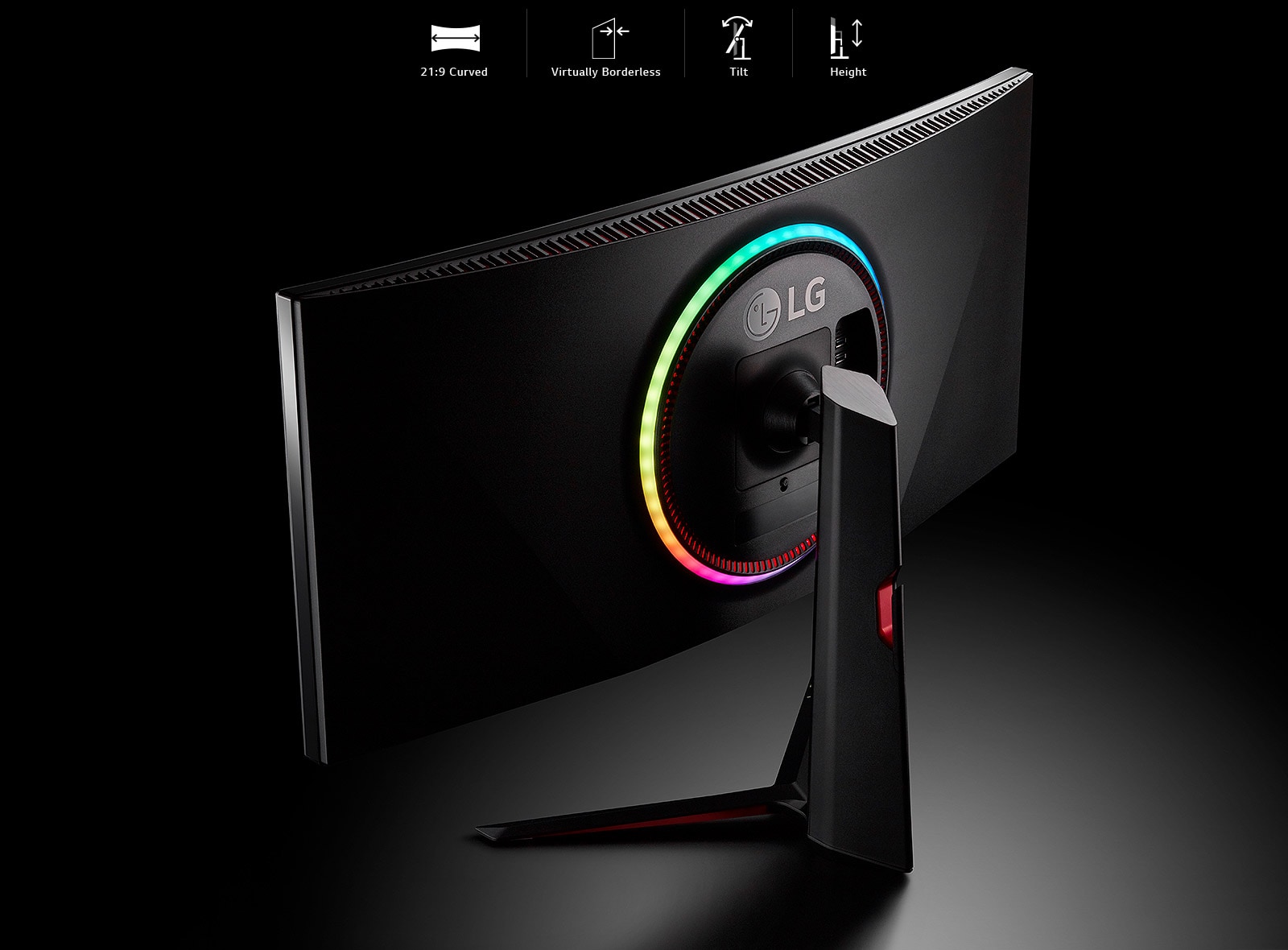 Monitor cu design elegant și practic fără margini, cu ecran curbat 21:9 și suport cu înclinație și înălțime reglabile