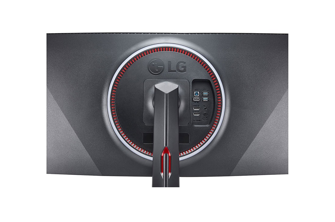 LG Monitor curbat pentru jocuri 37,5” 21:9 UltraGear™ Nano IPS 1ms (GtG), vedere prim-plan a porturilor cu lumini multicolore aprinse, 38GN950-B, thumbnail 8