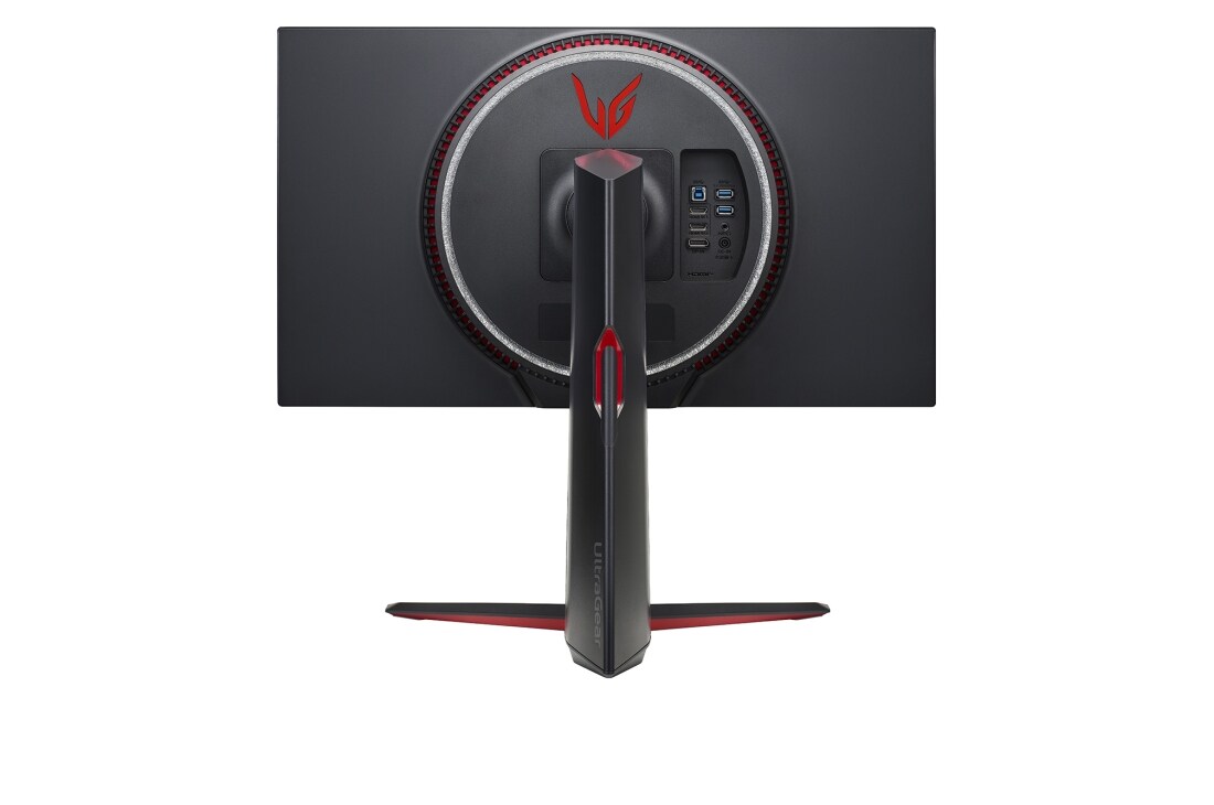 LG Monitorul de gaming UltraGear™ 4K Nano IPS 1ms (GtG) de 27” cu 144Hz / 160Hz (Overclock) și HDMI 2.1, rear view with white colored lights on, 27GP95R-B, thumbnail 6