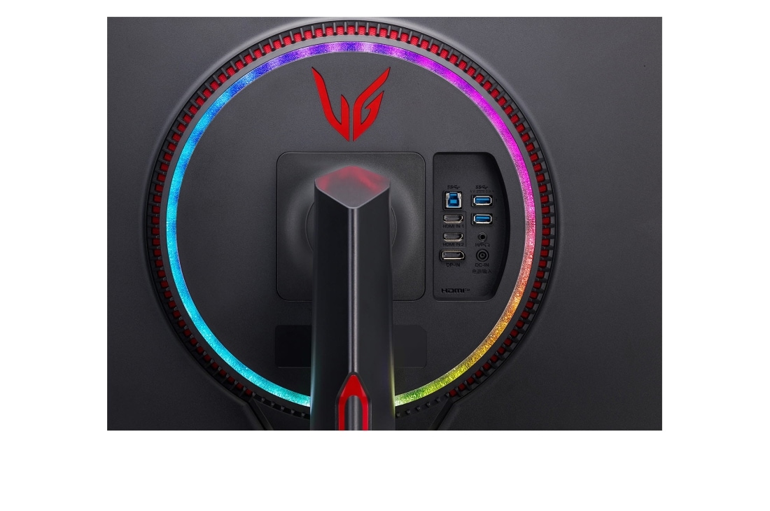 LG Monitorul de gaming UltraGear™ 4K Nano IPS 1ms (GtG) de 27” cu 144Hz / 160Hz (Overclock) și HDMI 2.1, close-up view of ports with all colored lights on, 27GP95R-B, thumbnail 11