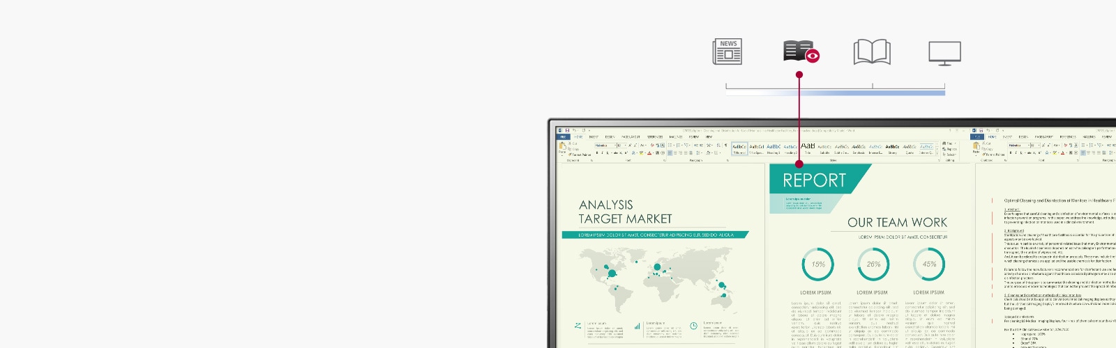 Raport de lucru afișat pe monitor care emite o lumină albastră redusă, cu o temperatură de culoare similară cu cea a hârtiei, în comparație cu modul convențional