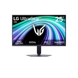 Această imagine arată vederea frontală a monitorului pentru gaming LG UltraGear G5 de 27 inchi, cu ecran IPS și rezoluție FHD (1920×1080), o rată de reîmprospătare de 200Hz și timp de răspuns de 1ms (