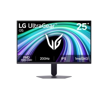 Această imagine arată vederea frontală a monitorului pentru gaming LG UltraGear G5 de 27 inchi, cu ecran IPS și rezoluție FHD (1920×1080), o rată de reîmprospătare de 200Hz și timp de răspuns de 1ms (
