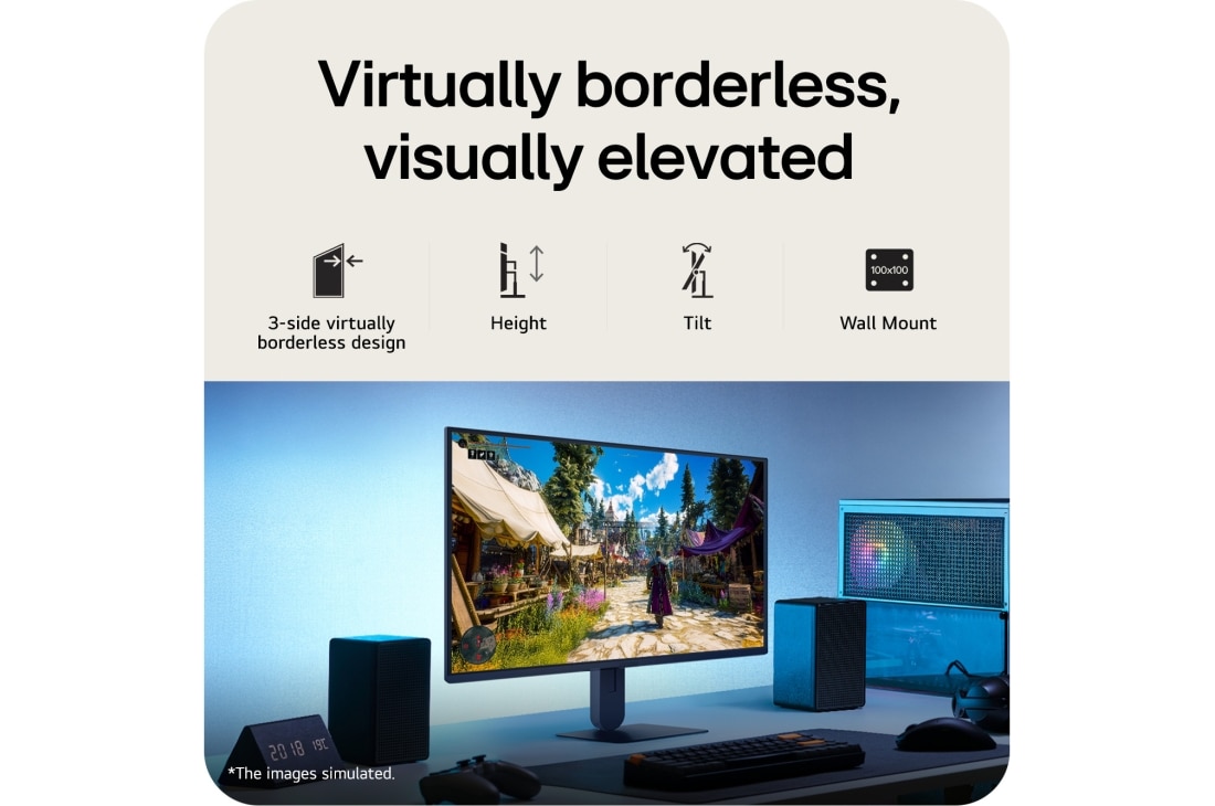 LG Monitor de gaming LG UltraGear™ G4 de 27”, Full HD IPS, 144 Hz, cu reglare pe înălțime și înclinare, Această imagine arată un monitor pentru gaming UltraGear™ pe un birou, afișând o scenă de joc, cu pictograme care indică un design fără margini pe 3 laturi, reglare a înălțimii, suport pentru înclinar, 27G414B-B, thumbnail 9