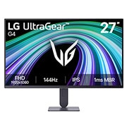 LG Monitor de gaming LG UltraGear™ G4 de 27”, Full HD IPS, 144 Hz, cu reglare pe înălțime și înclinare, Această imagine arată vederea frontală a monitorului pentru gaming LG UltraGear G4 de 27 inchi, cu ecran IPS și rezoluție FHD (1920×1080), o rată de reîmprospătare de 144Hz și 1ms MBR, punând accent p, 27G414B-B, thumbnail 1