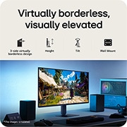 LG Monitor de gaming LG UltraGear™ G4 de 27”, Full HD IPS, 144 Hz, cu reglare pe înălțime și înclinare, Această imagine arată un monitor pentru gaming UltraGear™ pe un birou, afișând o scenă de joc, cu pictograme care indică un design fără margini pe 3 laturi, reglare a înălțimii, suport pentru înclinar, 27G414B-B, thumbnail 9
