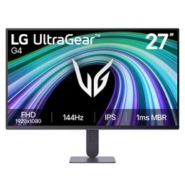 Această imagine arată vederea frontală a monitorului pentru gaming LG UltraGear G4 de 27 inchi, cu ecran IPS și rezoluție FHD (1920×1080), o rată de reîmprospătare de 144Hz și 1ms MBR, punând accent p