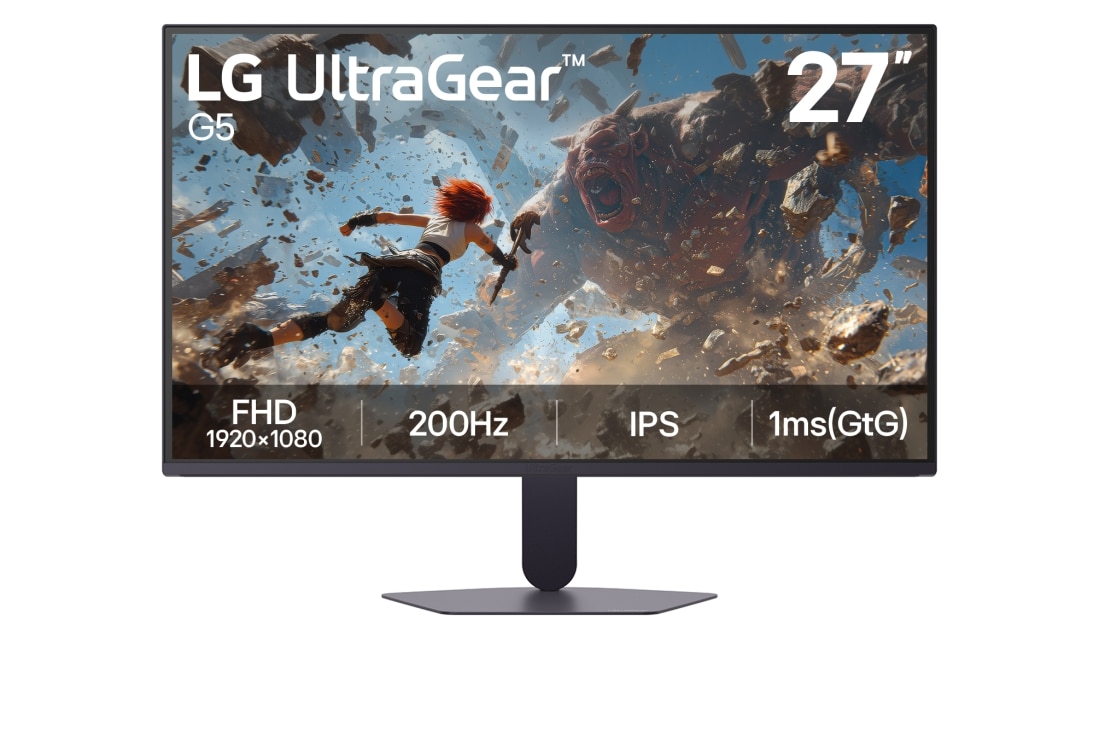 LG Monitor pentru gaming FHD 200Hz UltraGear™ G5 de 27'', Vedere frontală a monitorului pentru gaming LG UltraGear G5 de 27 inchi, cu un ecran IPS și rezoluție FHD (1920×1080), o rată de reîmprospătare de 200Hz și un timp de răspuns de 1ms (GtG), afișând ima, 27G523B-B, thumbnail 2