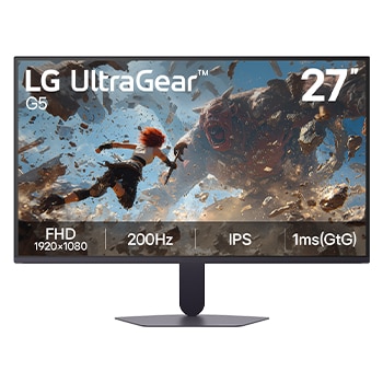 LG Monitor pentru gaming FHD 200Hz UltraGear™ G5 de 27'', Vedere frontală a monitorului pentru gaming LG UltraGear G5 de 27 inchi, cu un ecran IPS și rezoluție FHD (1920×1080), o rată de reîmprospătare de 200Hz și un timp de răspuns de 1ms (GtG), afișând ima, 27G523B-B, thumbnail 2