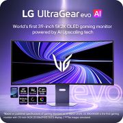 LG UltraGear evo GX9 de 39 inchi, primul monitor pentru gaming OLED de 39'' 5K2K din lume, Monitorul pentru gaming LG UltraGear evo AI 39GX950B de 39 inch 5K2K OLED curbat pe un suport elegant, afișând urme dinamice de lumină violet, cu evidențieri ale conversiei AI ascendente, ecran ultra-, 39GX950B-B, thumbnail 4