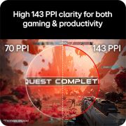 LG UltraGear evo GX9 de 39 inchi, primul monitor pentru gaming OLED de 39'' 5K2K din lume, Monitorul pentru gaming OLED curbat LG UltraGear 39GX950B arătând o comparație alăturată între 70 PPI și 143 PPI, subliniind text mai clar și detalii mai evidente pentru jocuri și productivitate., 39GX950B-B, thumbnail 10