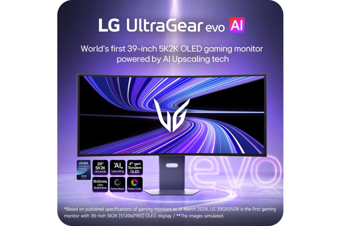 LG UltraGear evo GX9 de 39 inchi, primul monitor pentru gaming OLED de 39'' 5K2K din lume, Monitorul pentru gaming LG UltraGear evo AI 39GX950B de 39 inch 5K2K OLED curbat pe un suport elegant, afișând urme dinamice de lumină violet, cu evidențieri ale conversiei AI ascendente, ecran ultra-, 39GX950B-B, thumbnail 4