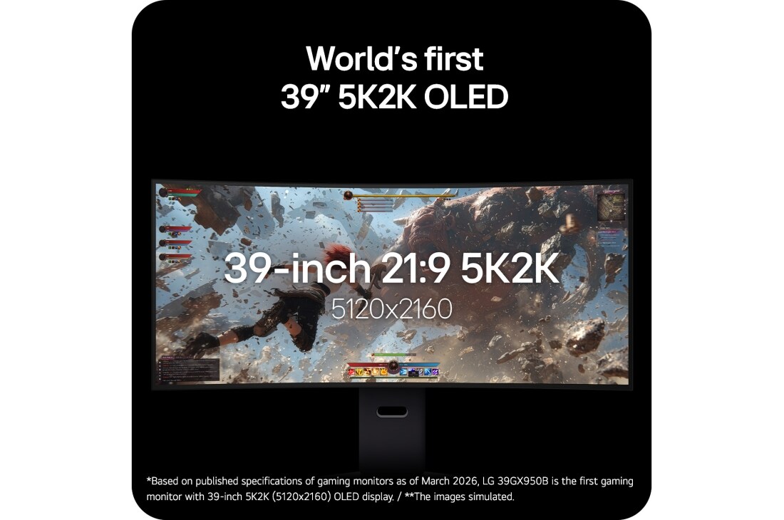 LG UltraGear evo GX9 de 39 inchi, primul monitor pentru gaming OLED de 39'' 5K2K din lume, Monitorul pentru gaming LG UltraGear 39GX950B de 39 inchi 5K2K 21:9 OLED curbat afișând o scenă dintr-un joc de acțiune, evidențiind rezoluția ultra-largă și jocul captivant., 39GX950B-B, thumbnail 5