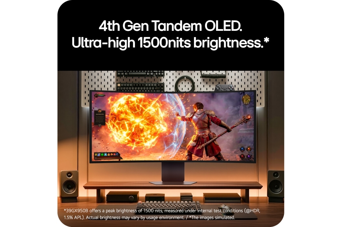 LG UltraGear evo GX9 de 39 inchi, primul monitor pentru gaming OLED de 39'' 5K2K din lume, Monitor pentru gaming OLED curbat LG UltraGear 39GX950B de 39 inch pe un birou, afișând o scenă de acțiune plină de viață dintr-un joc cu efecte de explozie luminoase, subliniind a 4-a generație de Ta, 39GX950B-B, thumbnail 7