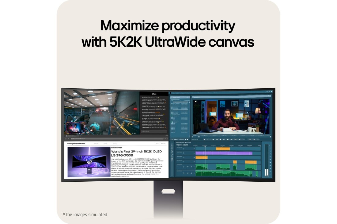 LG UltraGear evo GX9 de 39 inchi, primul monitor pentru gaming OLED de 39'' 5K2K din lume, Monitorul OLED curbat ultra-larg 5K2K de 39 inch LG UltraGear 39GX950B afișând ferestre multiple pentru gaming, editare video și navigare pe web, evidențiind productivitatea sporită și multitasking-ul, 39GX950B-B, thumbnail 12